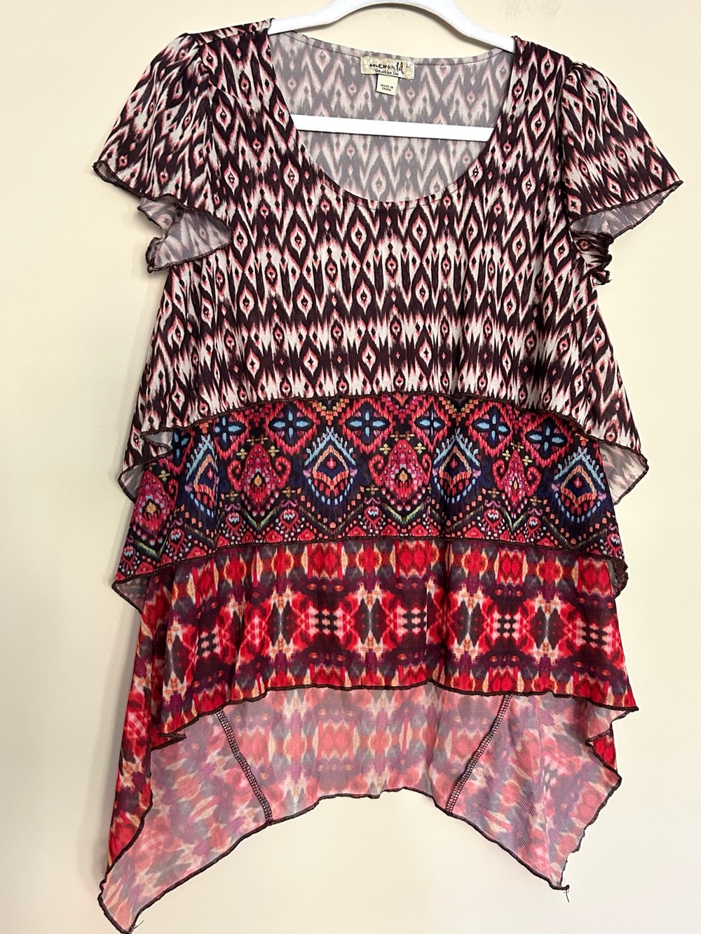 ONE WORLD Women’s Multi-Print Layered Ikat Flutter Tunic in Brown, Pink & Red